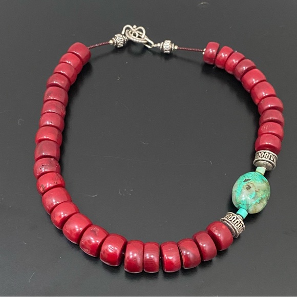 Handcrafted Red Coral & Turquoise Bali Toggle Clasp 17” Chunky Necklace 113g - Picture 3 of 15